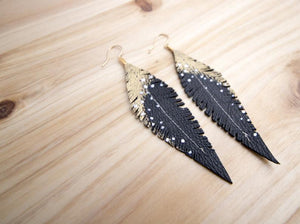 Black Reclaimed Leather Feather Earrings, Gold Tops