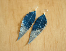Load image into Gallery viewer, Long Turquoise Reclaimed Leather Feather Earrings, Silver Tips
