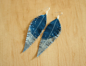 Long Turquoise Reclaimed Leather Feather Earrings, Silver Tips