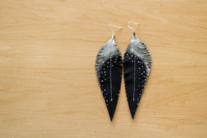 Long Black Reclaimed Leather Feather Earrings, Silver Tops