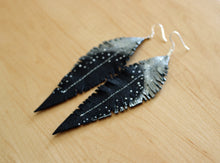 Load image into Gallery viewer, Long Black Reclaimed Leather Feather Earrings, Silver Tops