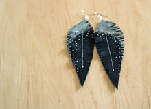 Load image into Gallery viewer, Long Black Reclaimed Leather Feather Earrings, Silver Tops
