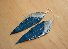 Load image into Gallery viewer, Long Turquoise Reclaimed Leather Feather Earrings, Silver Tops
