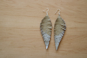 Long Cream Reclaimed Leather Feather Earrings, Silver Tips