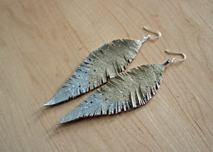 Long Cream Reclaimed Leather Feather Earrings, Silver Tips