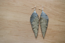 Load image into Gallery viewer, Long Cream Reclaimed Leather Feather Earrings, Silver Tops
