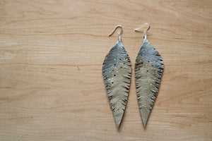 Long Cream Reclaimed Leather Feather Earrings, Silver Tops