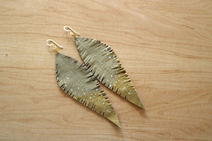Long Cream Reclaimed Leather Feather Earrings, Gold Tips