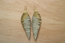 Load image into Gallery viewer, Long Cream Reclaimed Leather Feather Earrings, Gold Tops
