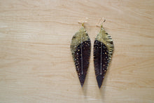 Load image into Gallery viewer, Long Brown Reclaimed Leather Feather Earrings, Gold Tops