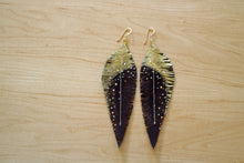 Load image into Gallery viewer, Long Brown Reclaimed Leather Feather Earrings, Gold Tops
