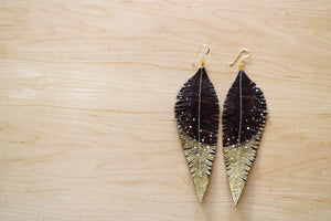 Long Brown Reclaimed Leather Feather Earrings, Gold Tips