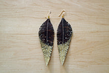 Load image into Gallery viewer, Long Brown Reclaimed Leather Feather Earrings, Gold Tips
