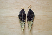 Load image into Gallery viewer, Long Brown Reclaimed Leather Feather Earrings, Gold Tips