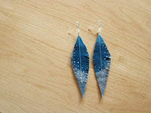 Turquoise Reclaimed Leather Feather Earrings, Silver Tips