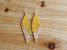 Load image into Gallery viewer, Mustard Yellow Reclaimed Leather Feather Earrings, Silver Tips
