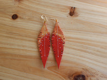 Load image into Gallery viewer, Tomato Red Reclaimed Leather Feather Earrings, Gold Tops
