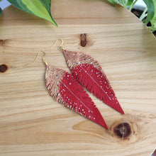 Load image into Gallery viewer, Long Red Reclaimed Leather Feather Earrings, Gold Tops
