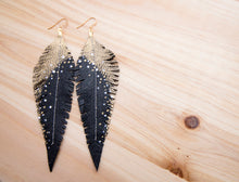 Load image into Gallery viewer, Long Black Reclaimed Leather Feather Earrings, Gold Tops