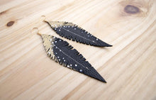 Load image into Gallery viewer, Black Reclaimed Leather Feather Earrings, Gold Tops
