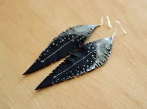 Long Black Reclaimed Leather Feather Earrings, Silver Tops