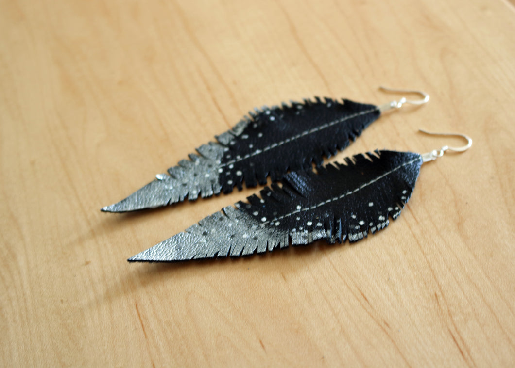 Long Black Reclaimed Leather Feather Earrings, Silver Tips