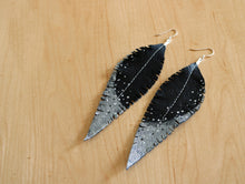 Load image into Gallery viewer, Long Black Reclaimed Leather Feather Earrings, Silver Tips
