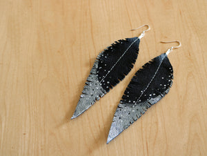 Long Black Reclaimed Leather Feather Earrings, Silver Tips