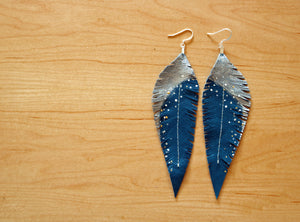 Long Turquoise Reclaimed Leather Feather Earrings, Silver Tops