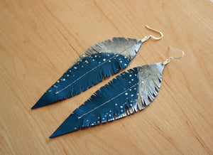 Long Turquoise Reclaimed Leather Feather Earrings, Silver Tops