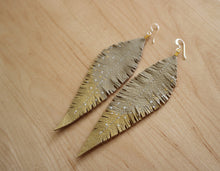 Load image into Gallery viewer, Long Cream Reclaimed Leather Feather Earrings, Gold Tips
