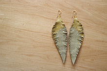 Load image into Gallery viewer, Long Cream Reclaimed Leather Feather Earrings, Gold Tops
