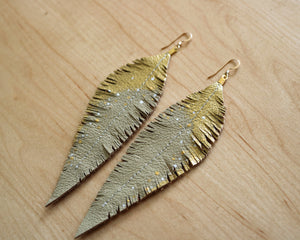 Long Cream Reclaimed Leather Feather Earrings, Gold Tops