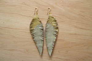 Long Cream Reclaimed Leather Feather Earrings, Gold Tops