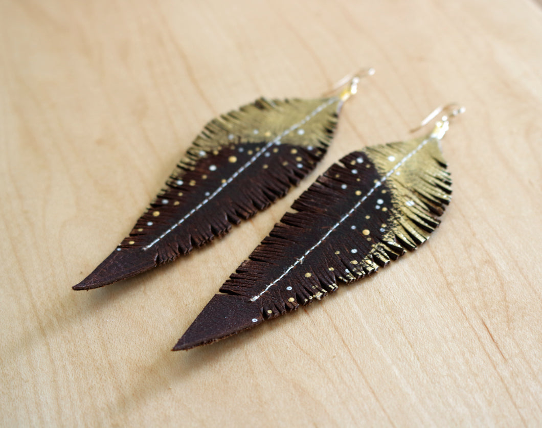 Long Brown Reclaimed Leather Feather Earrings, Gold Tops