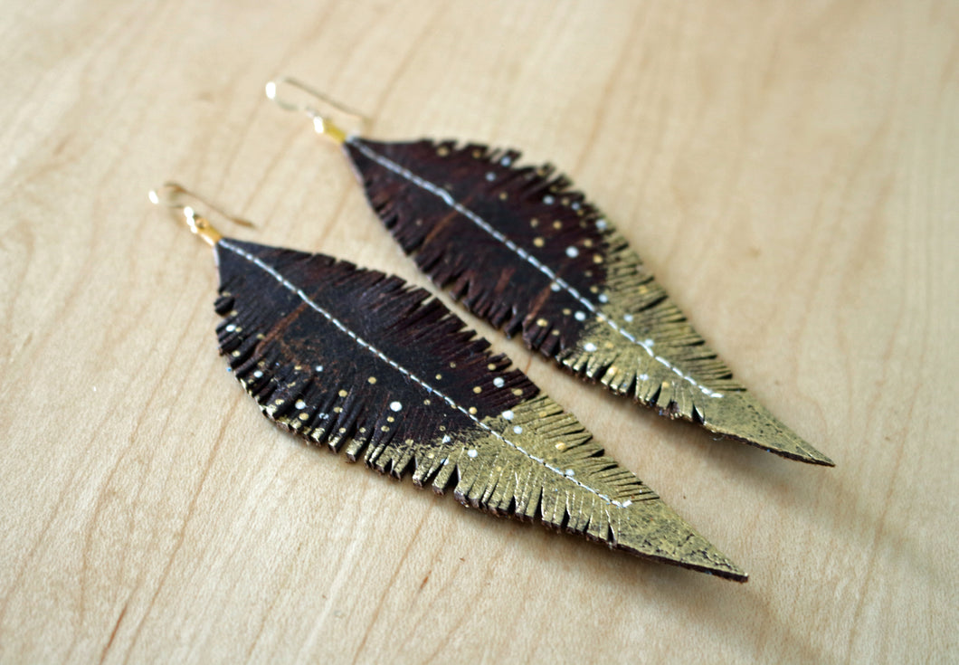 Long Brown Reclaimed Leather Feather Earrings, Gold Tips