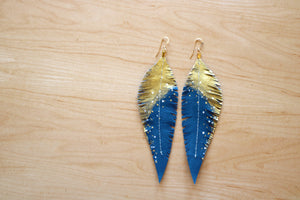 Long Turquoise Reclaimed Leather Feather Earrings, Gold Tops
