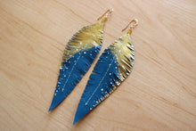 Load image into Gallery viewer, Turquoise Reclaimed Leather Feather Earrings, Gold Tops

