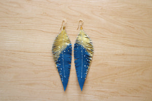 Long Turquoise Reclaimed Leather Feather Earrings, Gold Tops