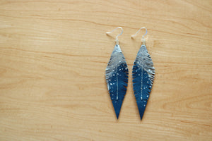 Turquoise Reclaimed Leather Feather Earrings, Silver Tops