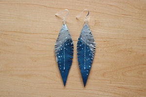 Turquoise Reclaimed Leather Feather Earrings, Silver Tops