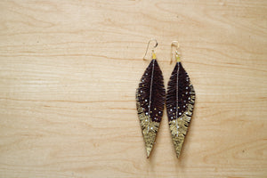Brown Reclaimed Leather Feather Earrings, Gold Tips