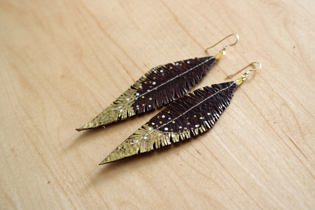 Brown Reclaimed Leather Feather Earrings, Gold Tips
