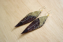 Load image into Gallery viewer, Brown Reclaimed Leather Feather Earrings, Gold Tops
