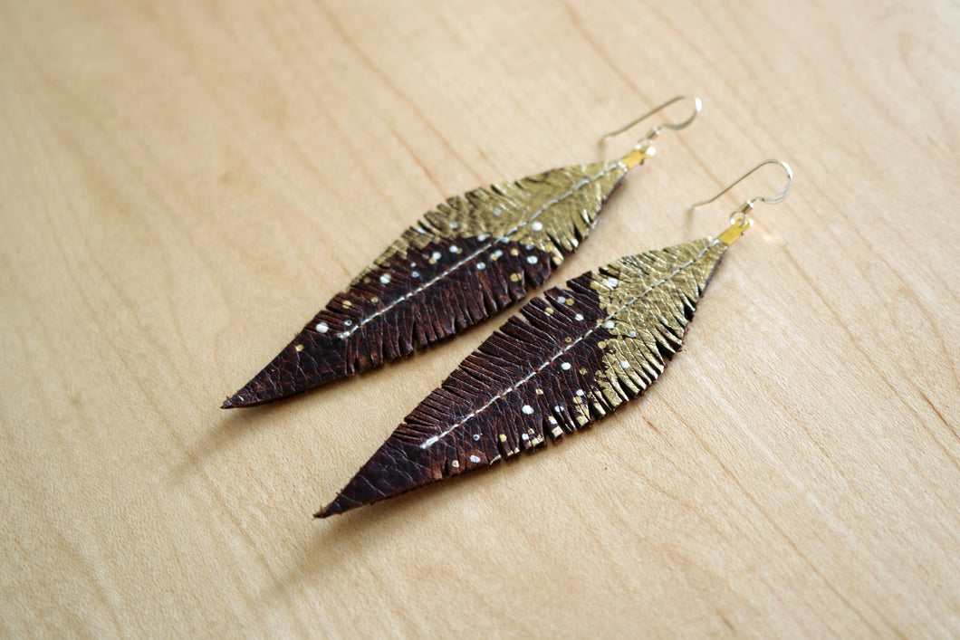Brown Reclaimed Leather Feather Earrings, Gold Tops