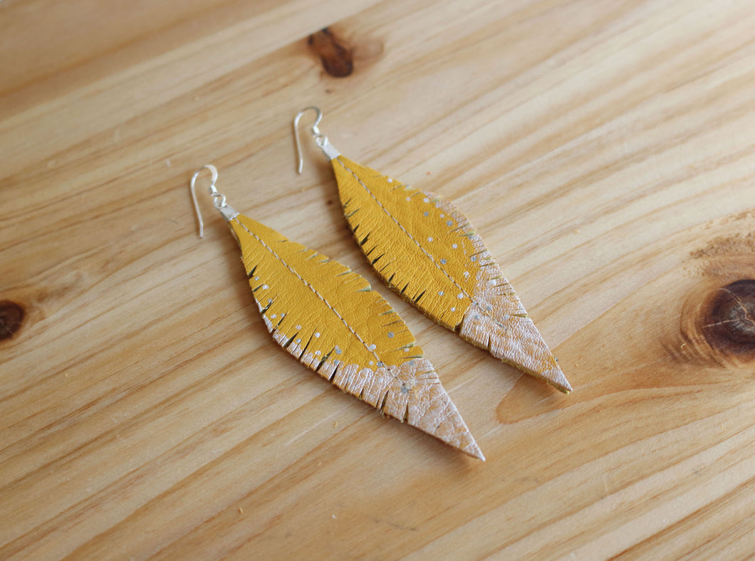 Mustard Yellow Reclaimed Leather Feather Earrings, Silver Tips