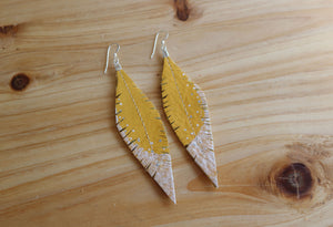 Mustard Yellow Reclaimed Leather Feather Earrings, Silver Tips