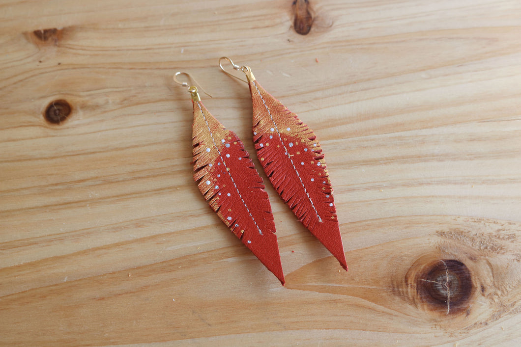 Tomato Red Reclaimed Leather Feather Earrings, Gold Tops