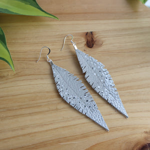Grey Reclaimed Leather Feather Earrings, Silver Tips