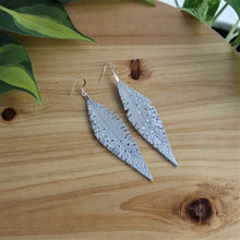 Load image into Gallery viewer, Grey Reclaimed Leather Feather Earrings, Silver Tips
